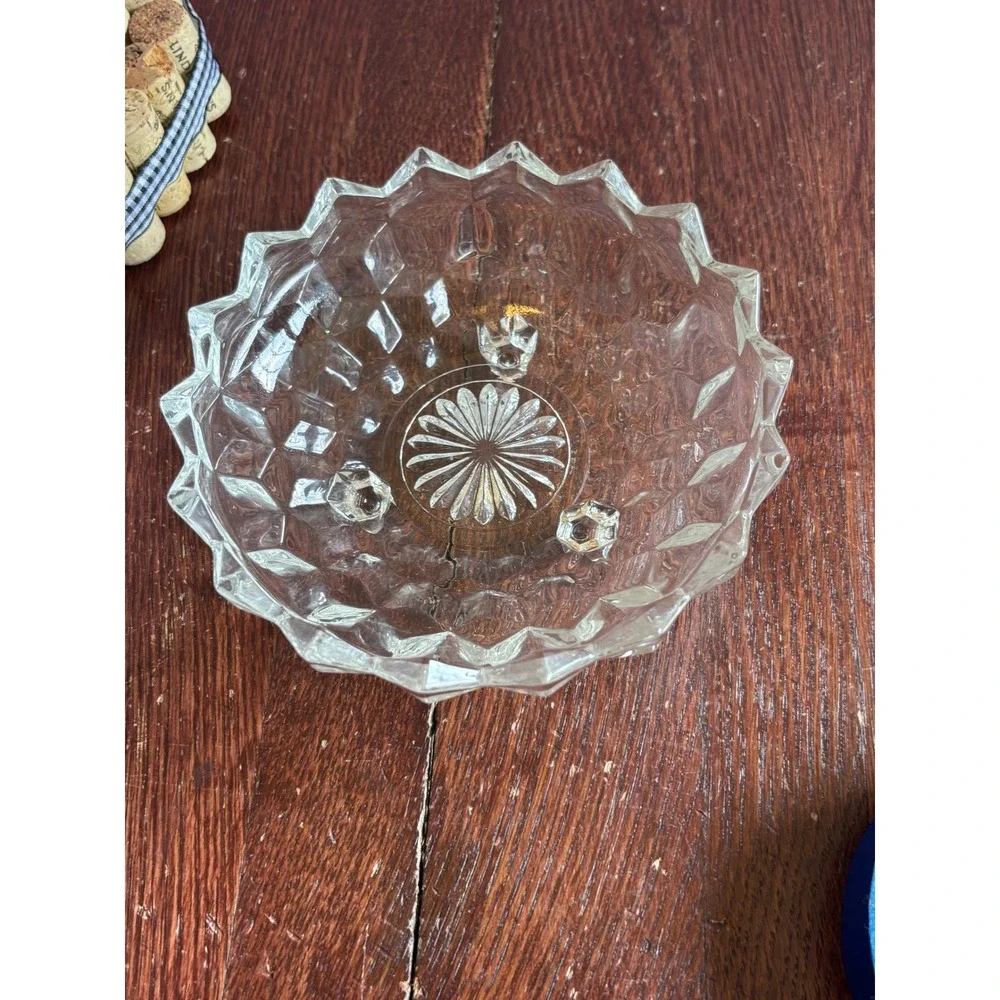 Vintage Clear Pressed Glass Footed Candy Dish Sawtooth Diamond Point Bowl 6 inch